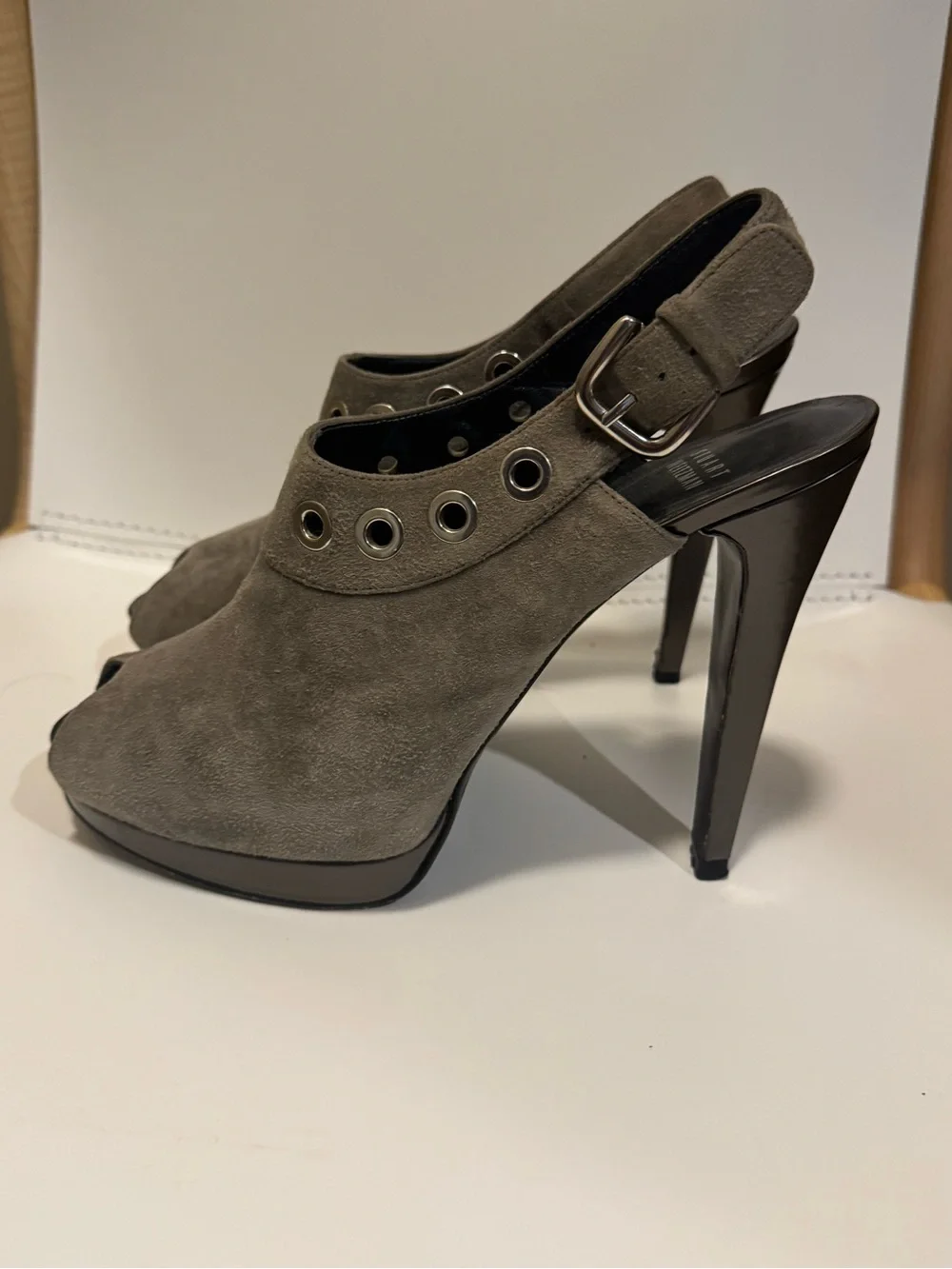 Stuart Weitzman Olive Taupe Suede Peep-Toe Slingback Mules